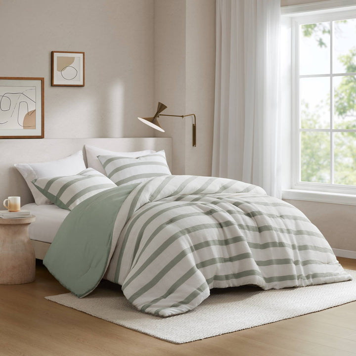 Merritt Striped Sage Green 3 Piece Comforter Set Comforter Sets By JLA HOME/Olliix (E & E Co., Ltd)