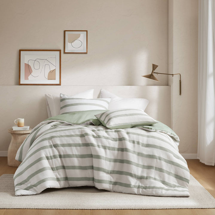Merritt Striped Sage Green 3 Piece Comforter Set Comforter Sets By JLA HOME/Olliix (E & E Co., Ltd)