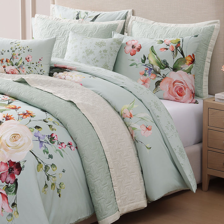 Bebejan Rose on Misty Green 8 Piece Reversible Comforter & Coverlet Set Comforter Sets By Bebejan®
