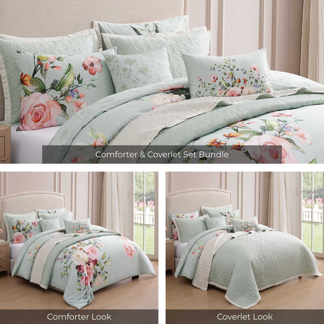 Bebejan Rose on Misty Green 8 Piece Reversible Comforter & Coverlet Set Comforter Sets By Bebejan®