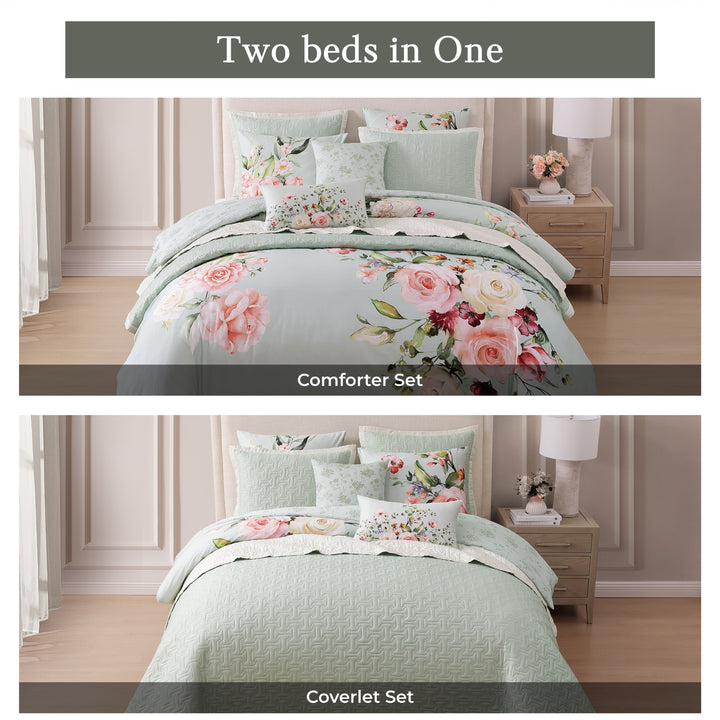 Bebejan Rose on Misty Green 8 Piece Reversible Comforter & Coverlet Set Comforter Sets By Bebejan®