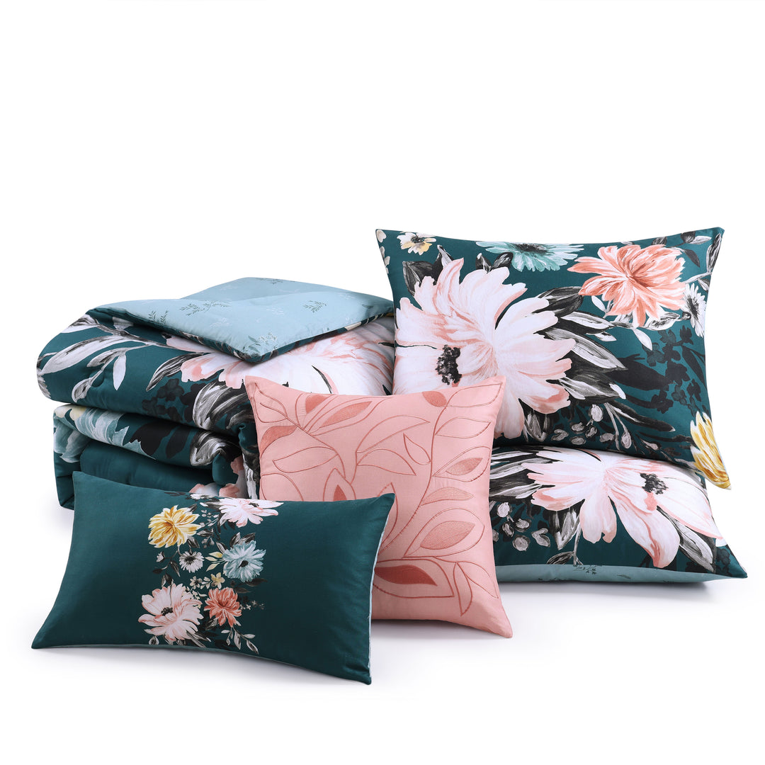 Bebejan Wild Flowers on Teal 5 Piece Reversible Comforter Set Comforter Sets By Bebejan®