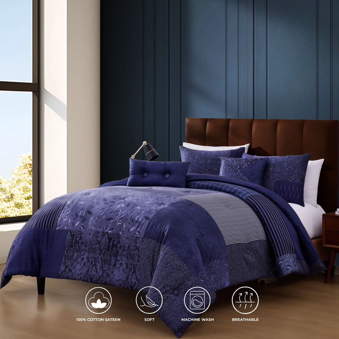 Bebejan Blue Denim Patchwork 5 Piece Reversible Comforter Set