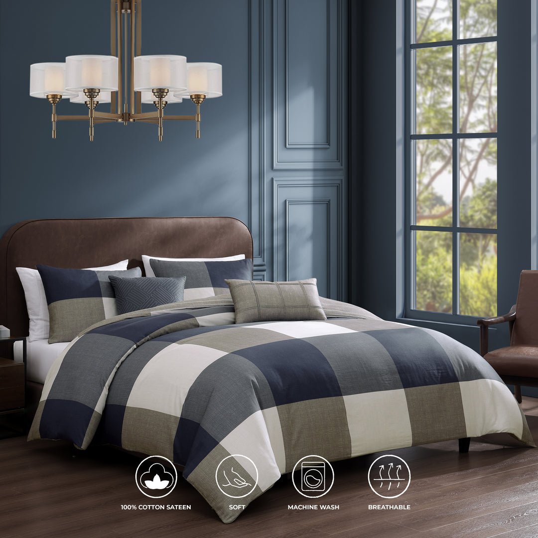 Bebejan Checkered Navy Tan 5 Piece Reversible Comforter Set Comforter Sets By Bebejan®