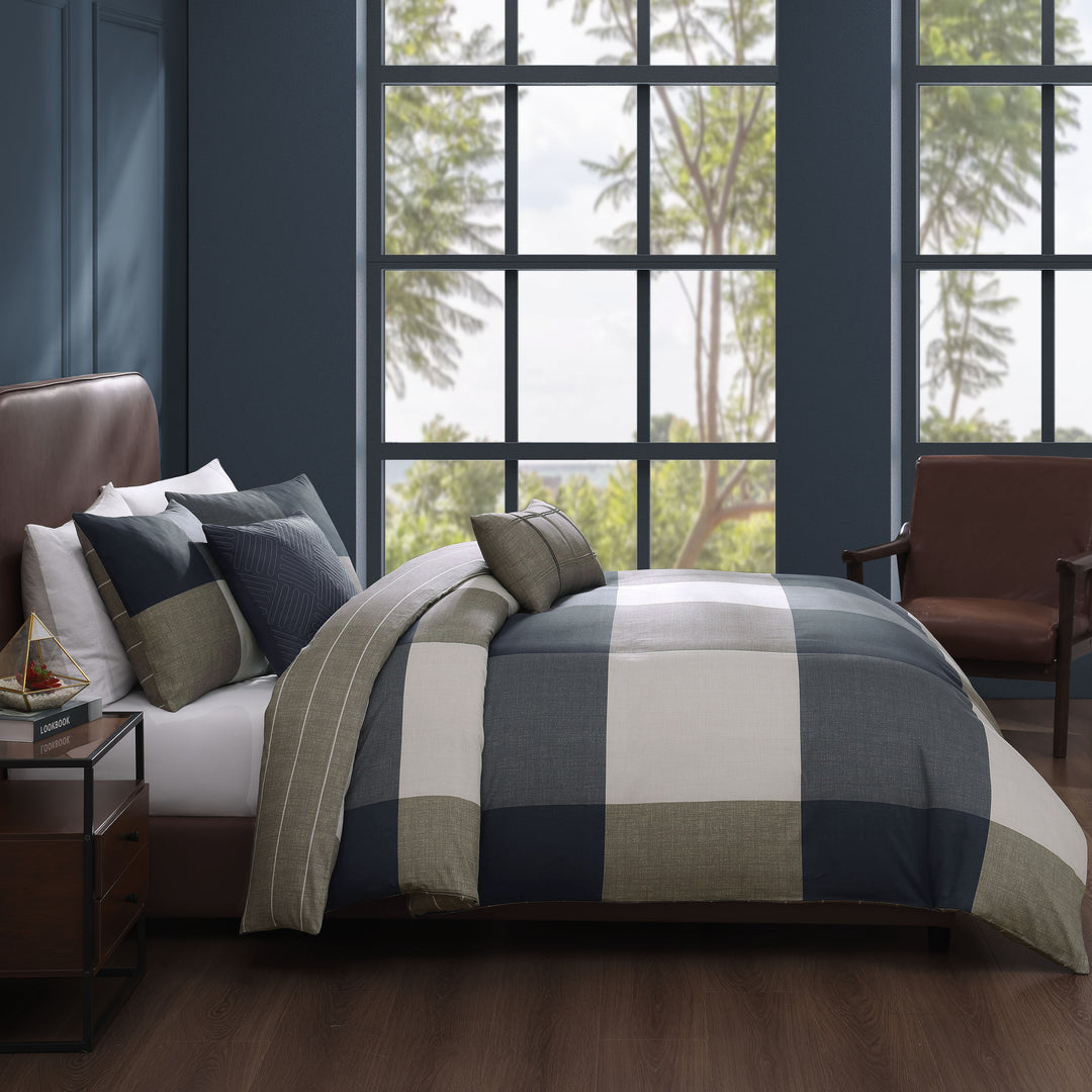 Bebejan Checkered Navy Tan 5 Piece Reversible Comforter Set Comforter Sets By Bebejan®
