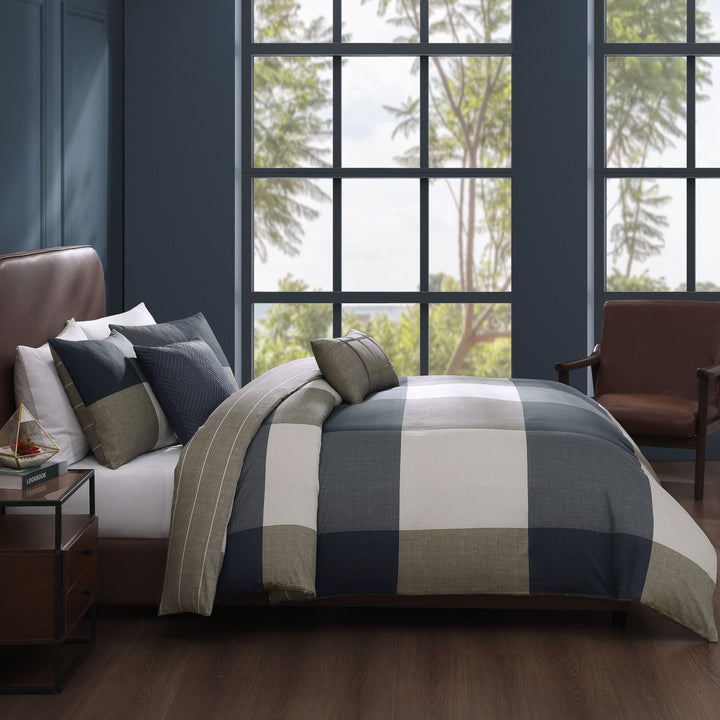 Bebejan Checkered Navy Tan 5 Piece Reversible Comforter Set Comforter Sets By Bebejan®