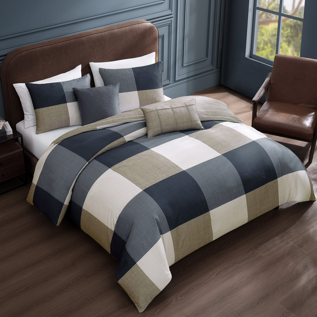 Bebejan Checkered Navy Tan 5 Piece Reversible Comforter Set Comforter Sets By Bebejan®