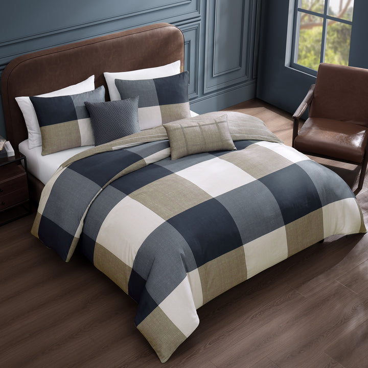 Bebejan Checkered Navy Tan 5 Piece Reversible Comforter Set Comforter Sets By Bebejan®