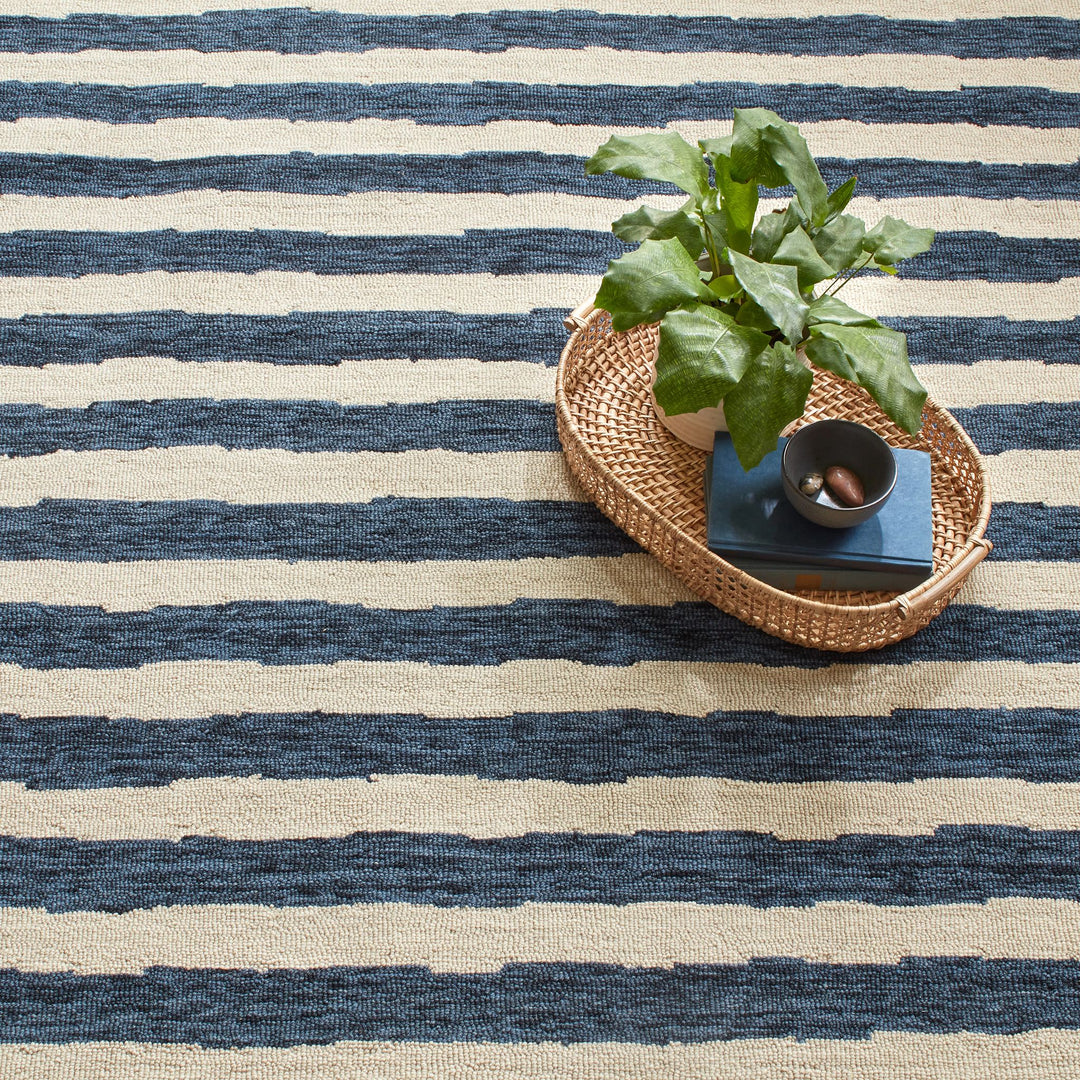 Silas Stripe Navy Hand Micro Hooked Wool Rug Rug By Annie Selke