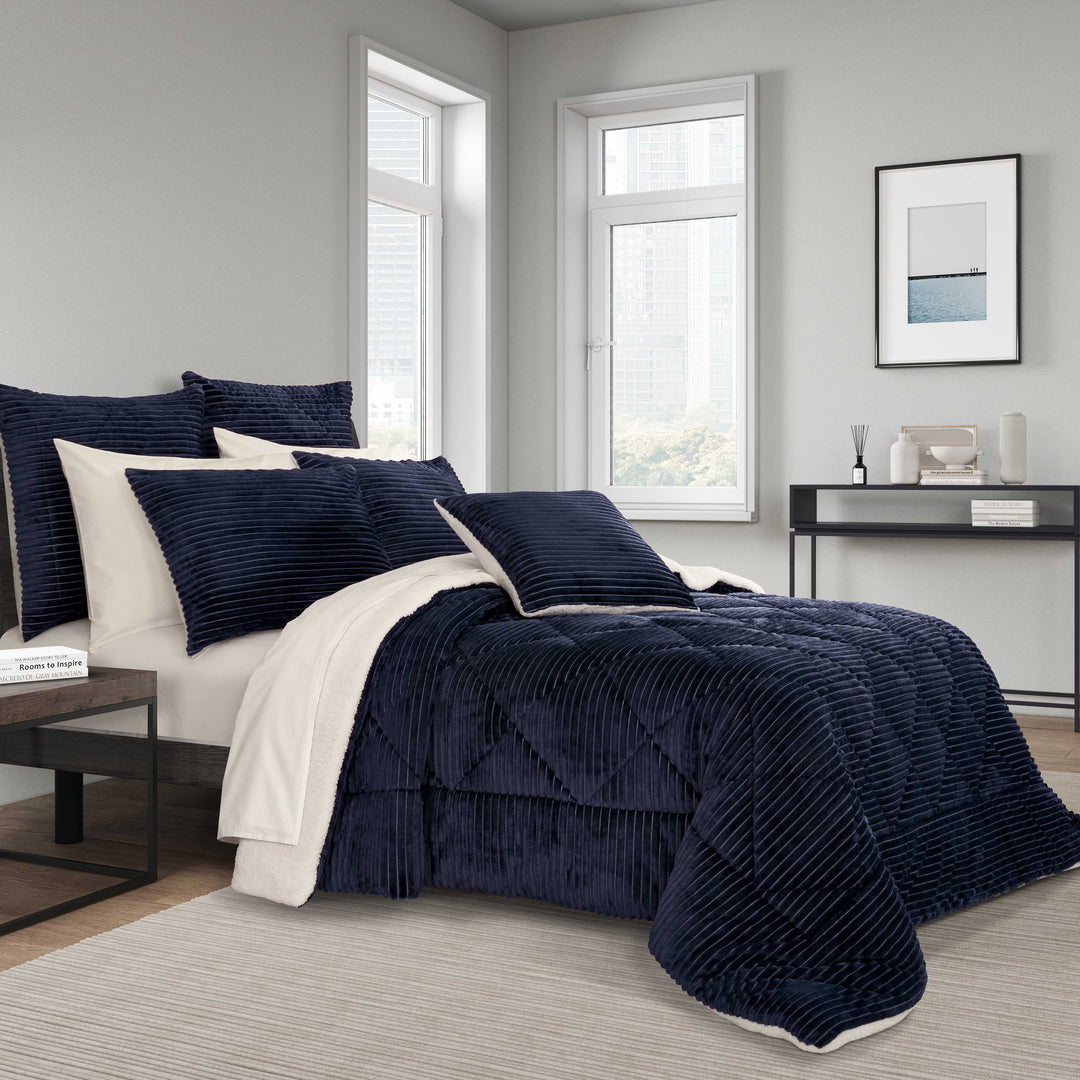 Everett Navy 3 Piece Comforter Set Comforter Sets By J. Queen New York