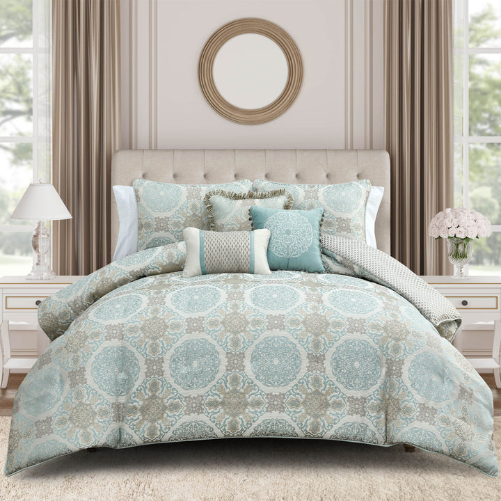 Jonet Cream/Aqua 3 Piece Comforter Set Comforter Sets By Waterford
