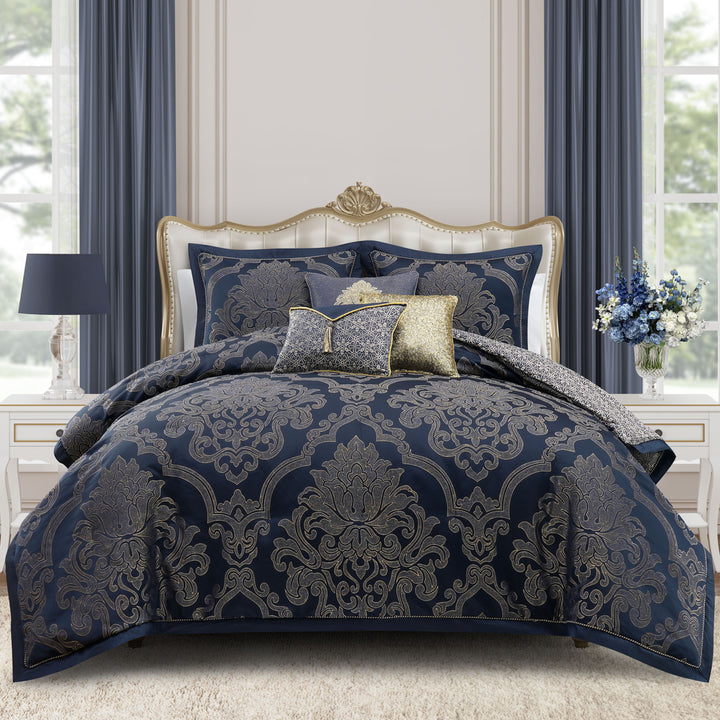 Vaughn Navy/Gold 3 Piece Comforter Set Comforter Sets By Waterford