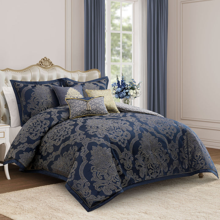Vaughn Navy/Gold 3 Piece Comforter Set Comforter Sets By Waterford