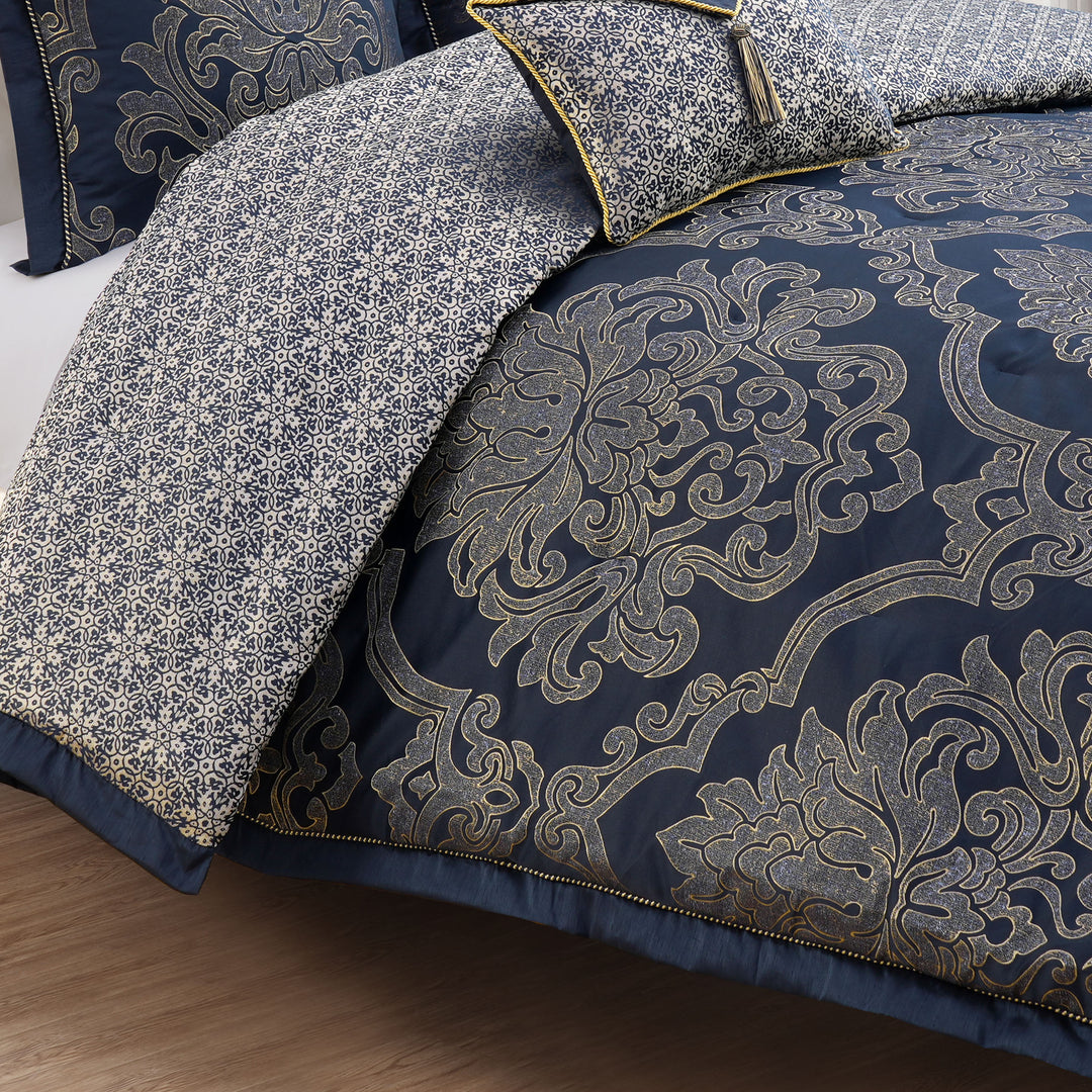 Vaughn Navy/Gold 3 Piece Comforter Set Comforter Sets By Waterford