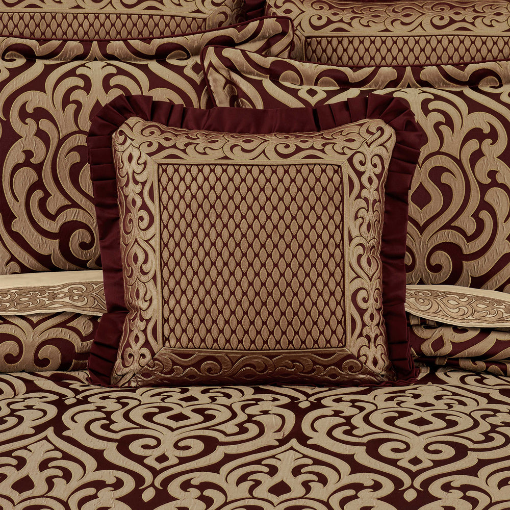 Renzo Crimson and Gold Square Embellished Decorative Throw Pillow 20" x 20" Throw Pillows By J. Queen New York