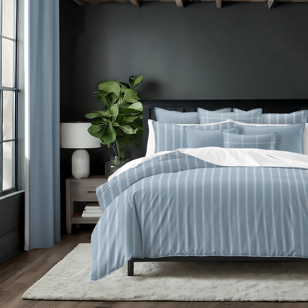 Shay Broad Tic Stripe Cornflower Blue 8 Piece Comforter Set Comforter Sets By Colcha Linens