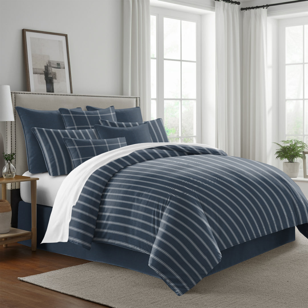 Shay Broad Tic Stripe Dark Denim 8 Piece Comforter Set Comforter Sets By Colcha Linens