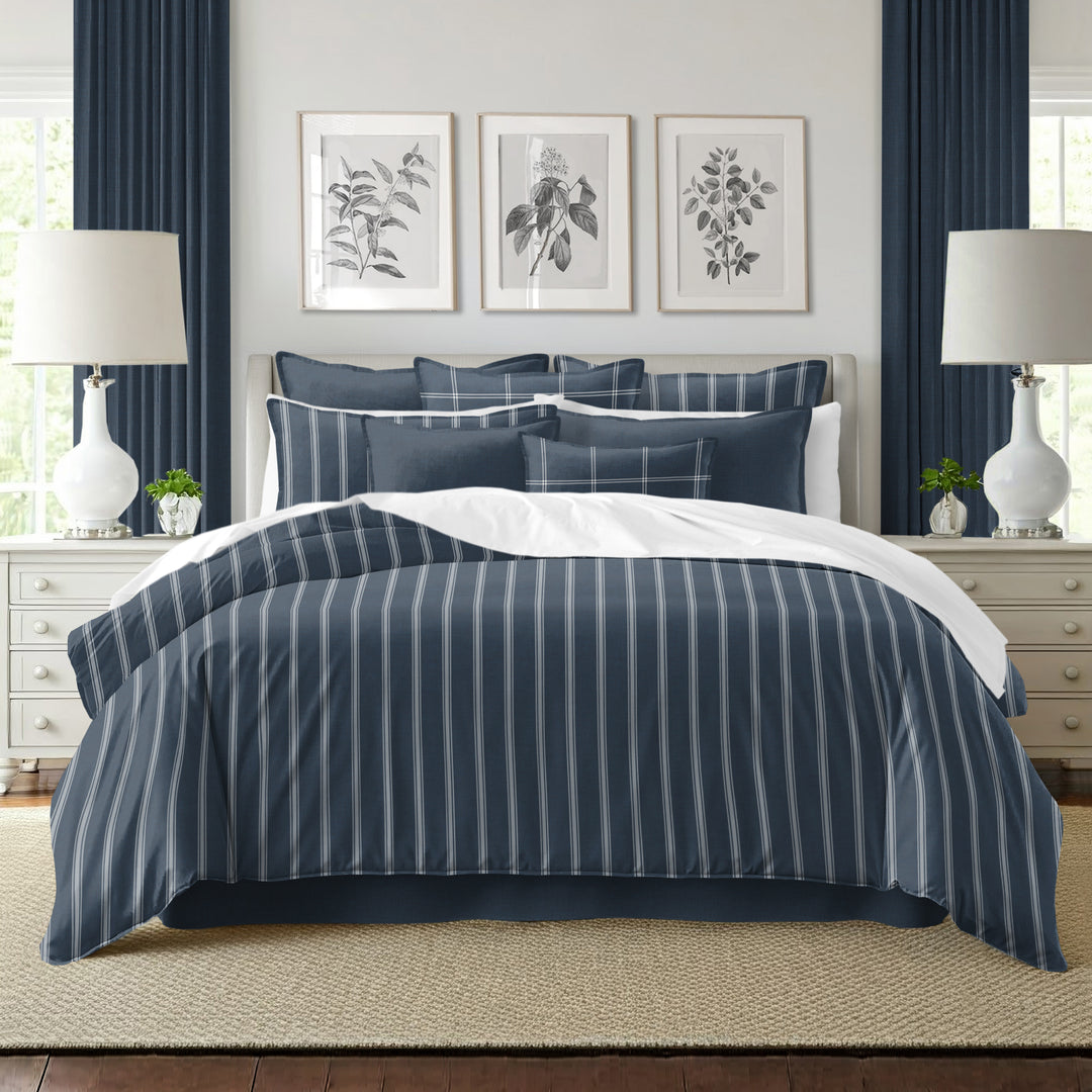 Shay Broad Tic Stripe Dark Denim 8 Piece Duvet Cover Set Duvet Covers By Colcha Linens