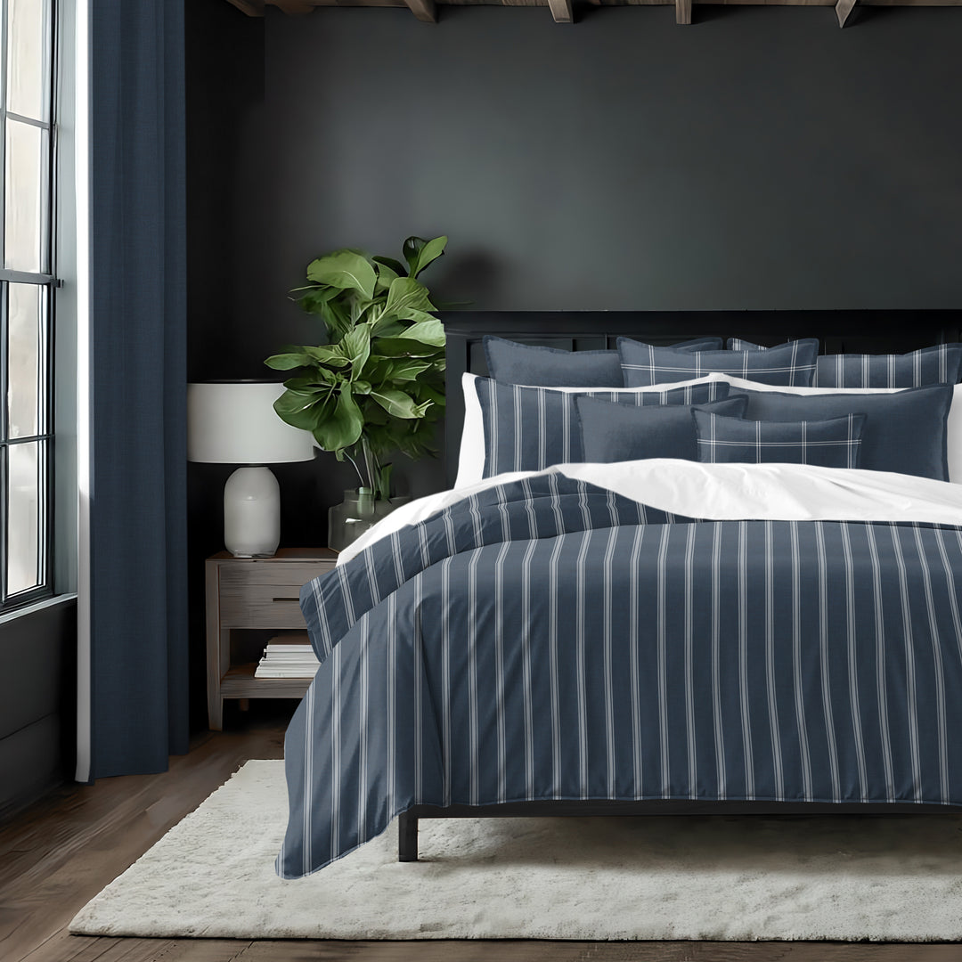 Shay Broad Tic Stripe Dark Denim 8 Piece Comforter Set Comforter Sets By Colcha Linens