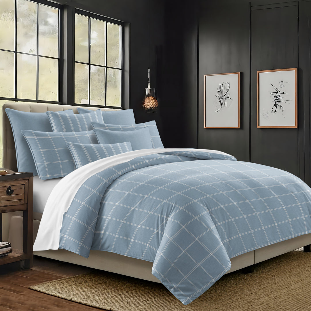 Shay Window Pane Cornflower Blue 8 Piece Comforter Set Comforter Sets By Colcha Linens
