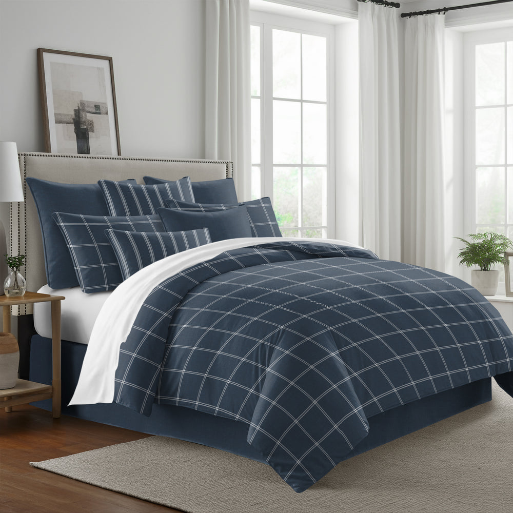 Shay Window Pane Dark Denim 8 Piece Comforter Set Comforter Sets By Colcha Linens