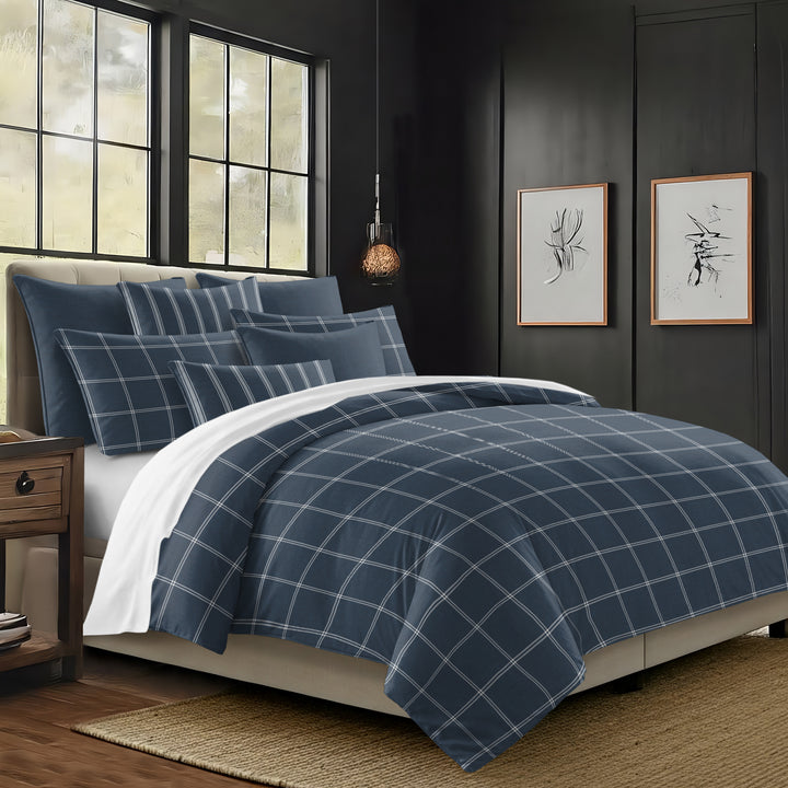 Shay Window Pane Dark Denim 8 Piece Comforter Set Comforter Sets By Colcha Linens