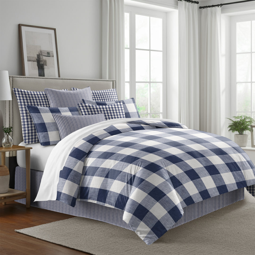 Walker Buffalo Reverse to Check Indigo/Ivory 8 Piece Comforter Set Comforter Sets By Colcha Linens