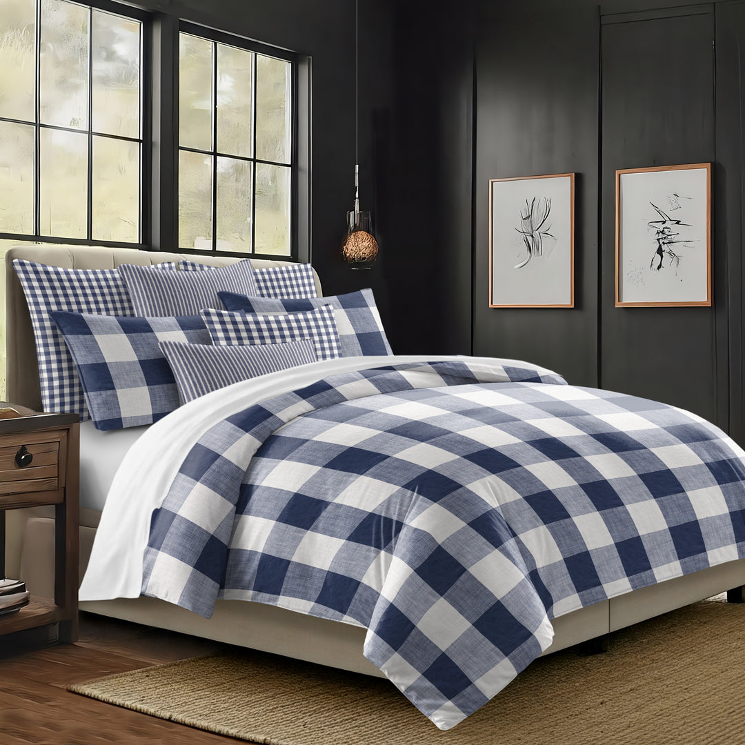 Walker Buffalo Reverse to Check Indigo/Ivory 8 Piece Comforter Set Comforter Sets By Colcha Linens