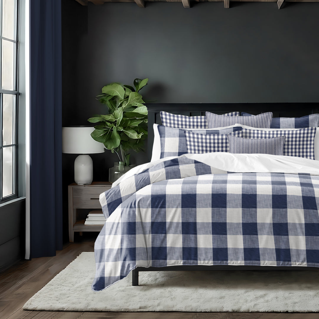 Walker Buffalo Reverse to Check Indigo/Ivory 8 Piece Duvet Cover Set Duvet Covers By Colcha Linens