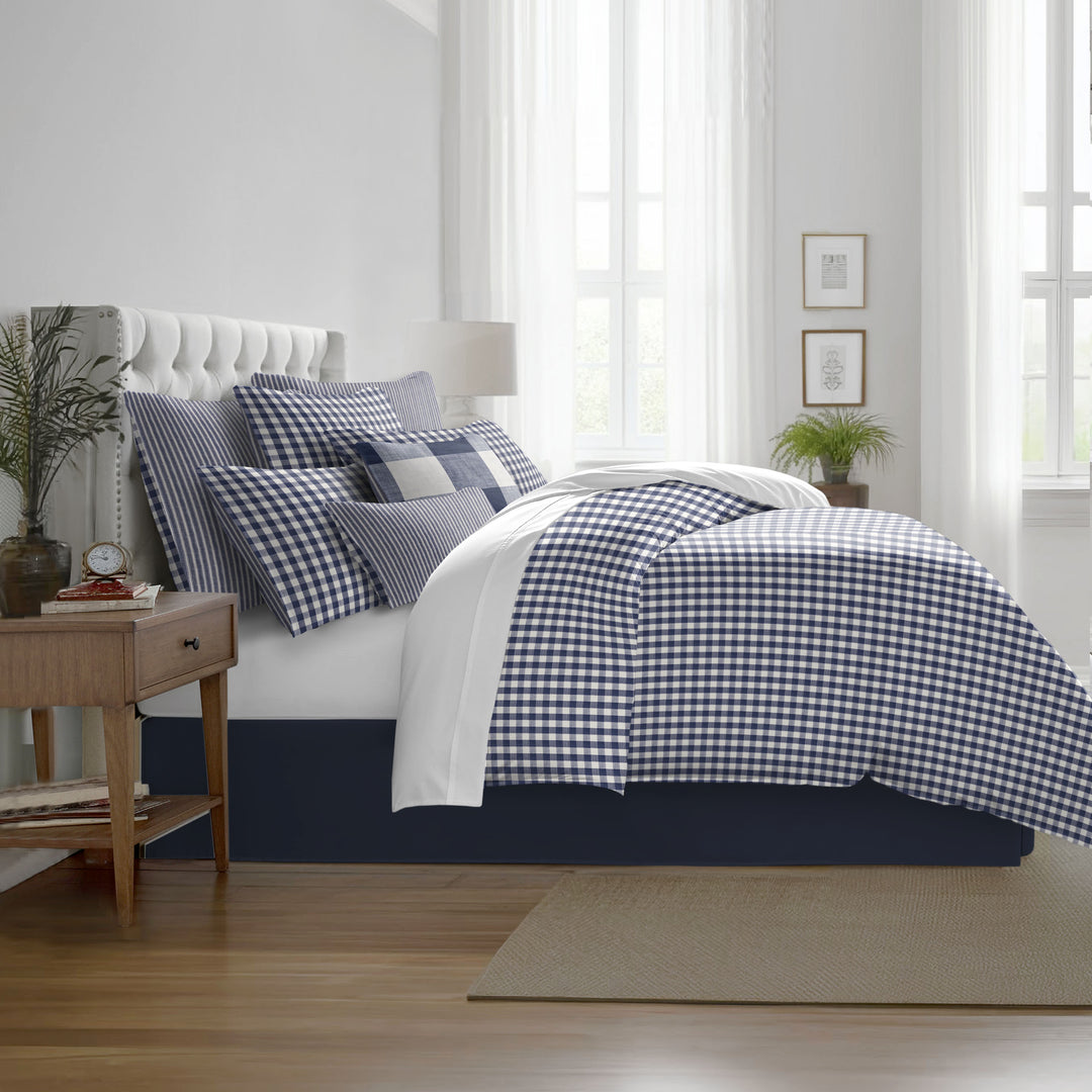 Walker Check Reverse to Stripe Indigo/Ivory 8 Piece Comforter Set Comforter Sets By Colcha Linens