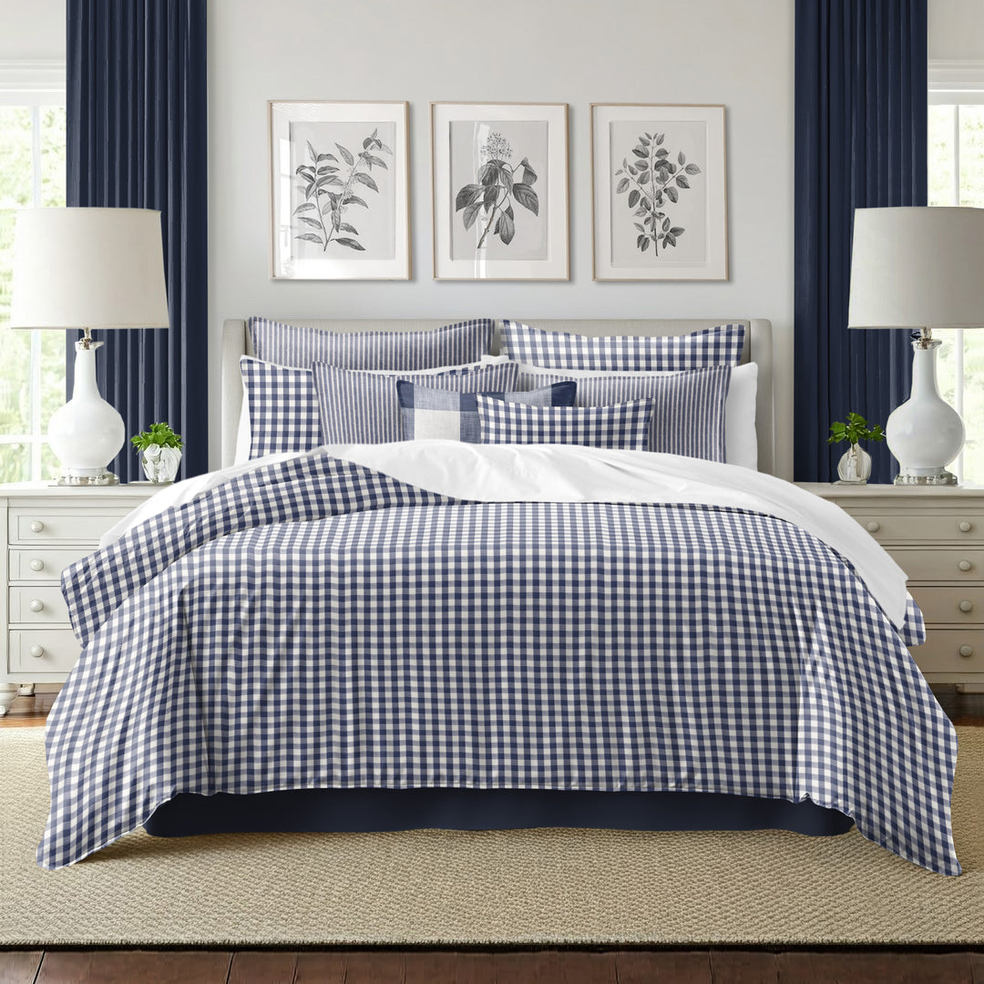 Walker Check Reverse to Stripe Indigo/Ivory 8 Piece Comforter Set Comforter Sets By Colcha Linens