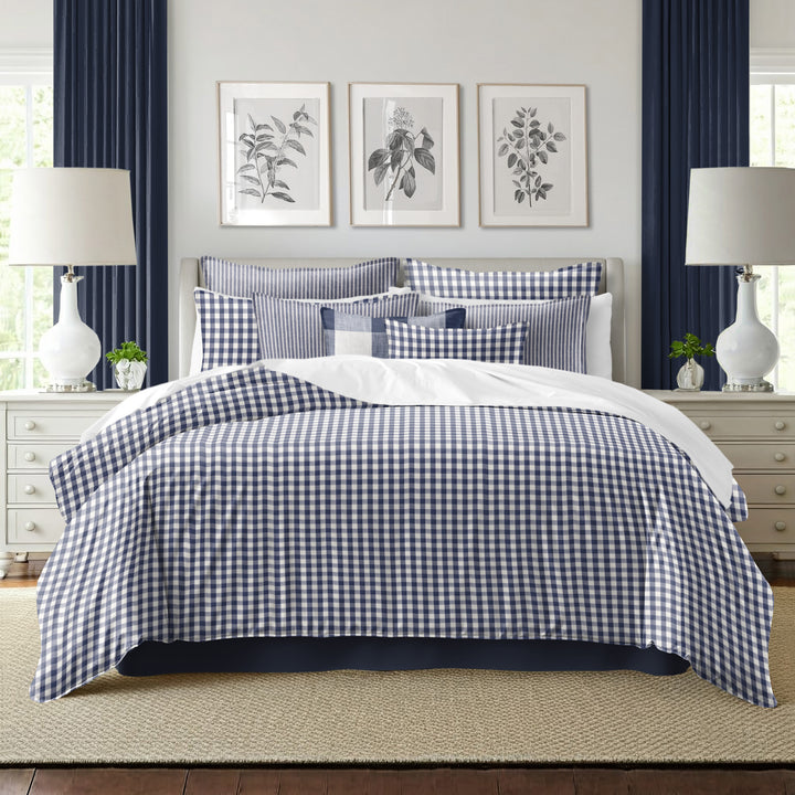 Walker Check Reverse to Stripe Indigo/Ivory 8 Piece Comforter Set Comforter Sets By Colcha Linens