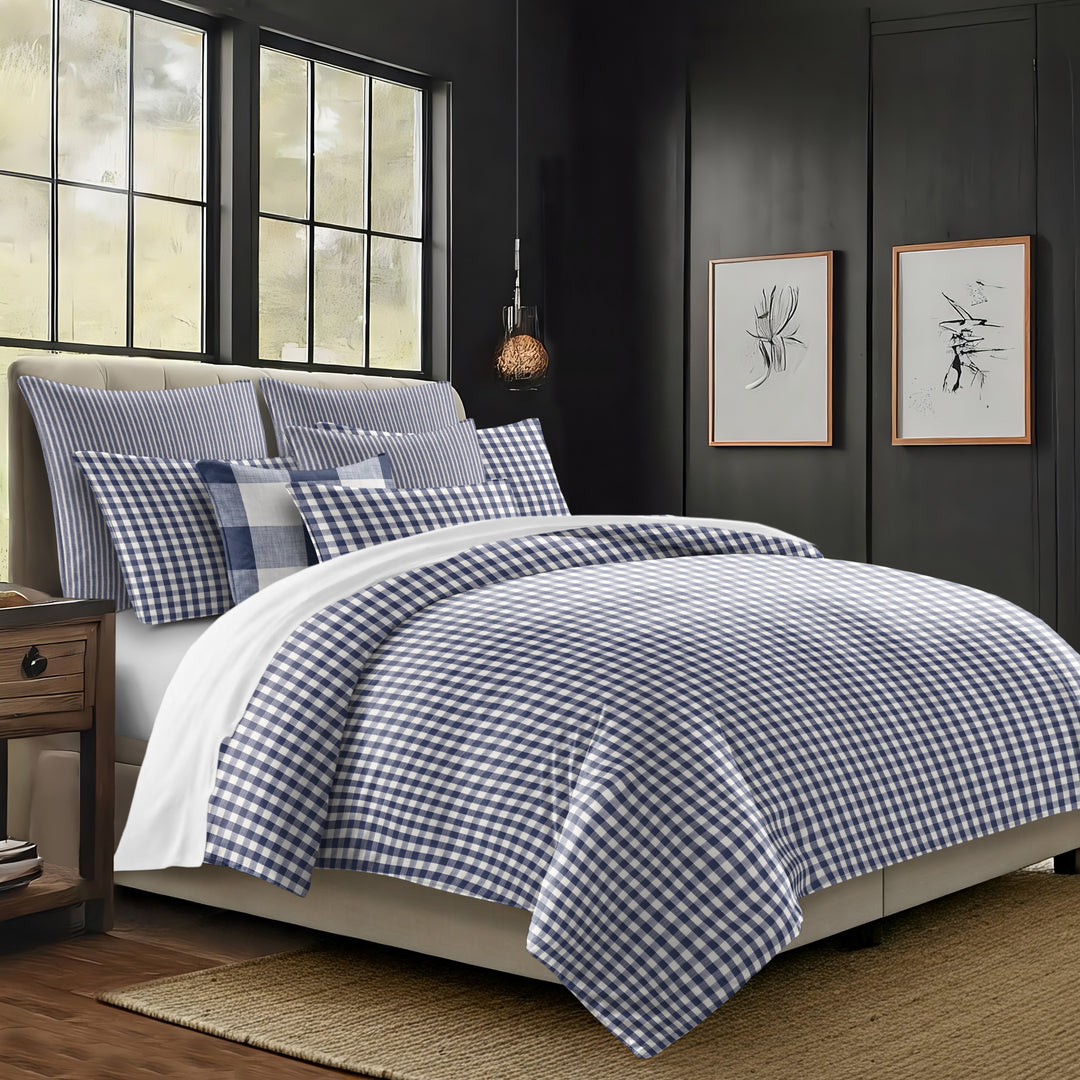 Walker Check Reverse to Stripe Indigo/Ivory 8 Piece Duvet Cover Set Duvet Covers By Colcha Linens