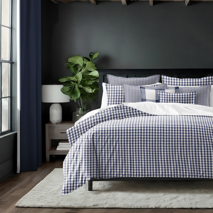Walker Check Reverse to Stripe Indigo/Ivory 8 Piece Comforter Set Comforter Sets By Colcha Linens