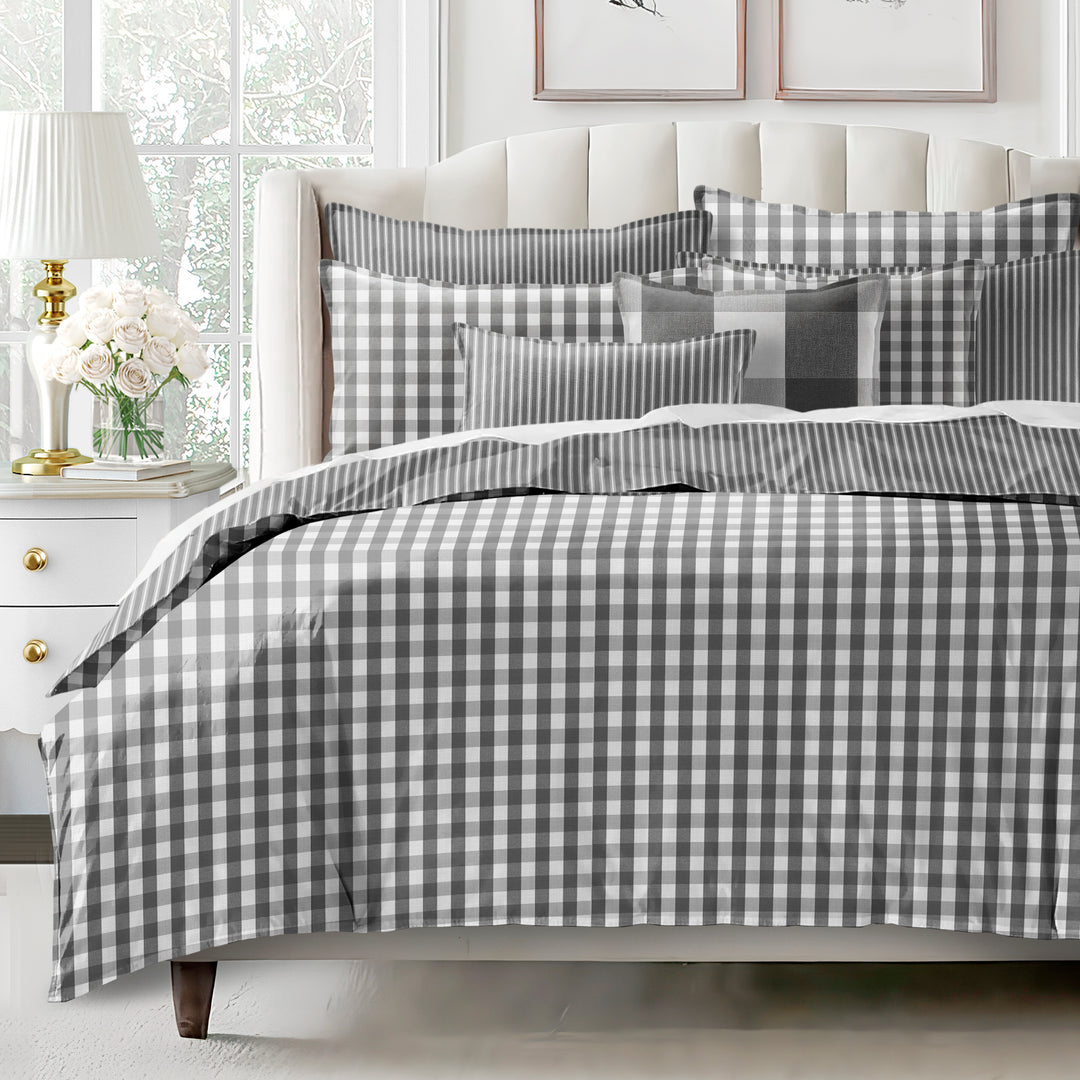 Walker Check Reverse to Stripe Iron/Ivory 8 Piece Coverlet Set Coverlet By Colcha Linens