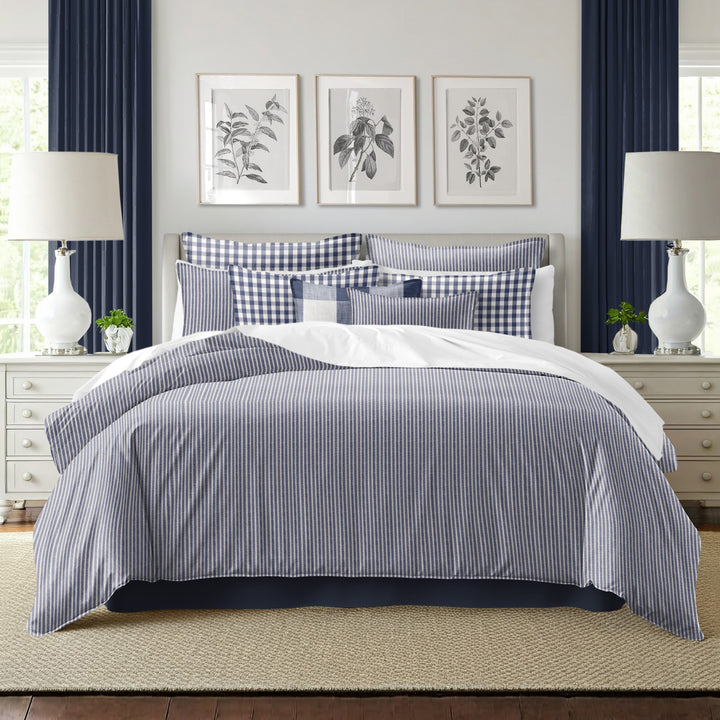 Walker Tic Stripe Reverse to Check Indigo/Ivory 8 Piece Duvet Cover Set Duvet Covers By Colcha Linens