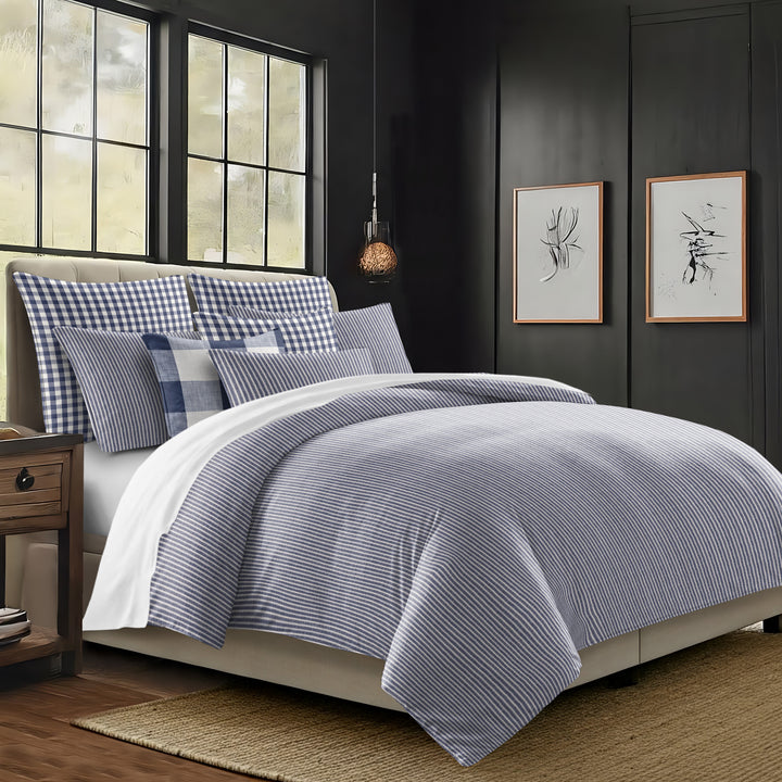 Walker Tic Stripe Reverse to Check Indigo/Ivory 8 Piece Duvet Cover Set Duvet Covers By Colcha Linens