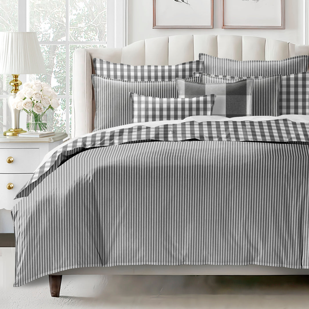 Walker Tic Stripe Reverse to Check Iron/Ivory 8 Piece Coverlet Set Coverlet By Colcha Linens