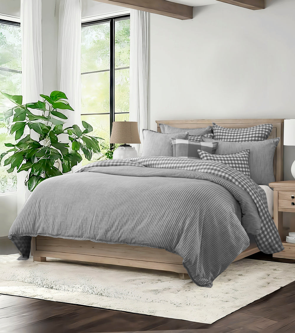 Walker Tic Stripe Reverse to Check Iron/Ivory 8 Piece Coverlet Set Coverlet By Colcha Linens