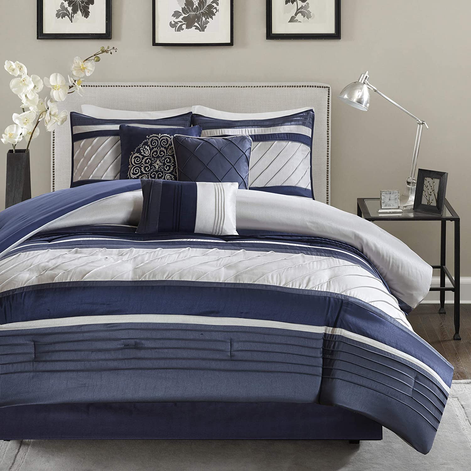 Madison Park Rhapsody 7-Piece Polyester Jacquard Comforter Set in Navy Madison Park Rhapsody 7-Piece Polyester Jacquard Comforter Set in Navy